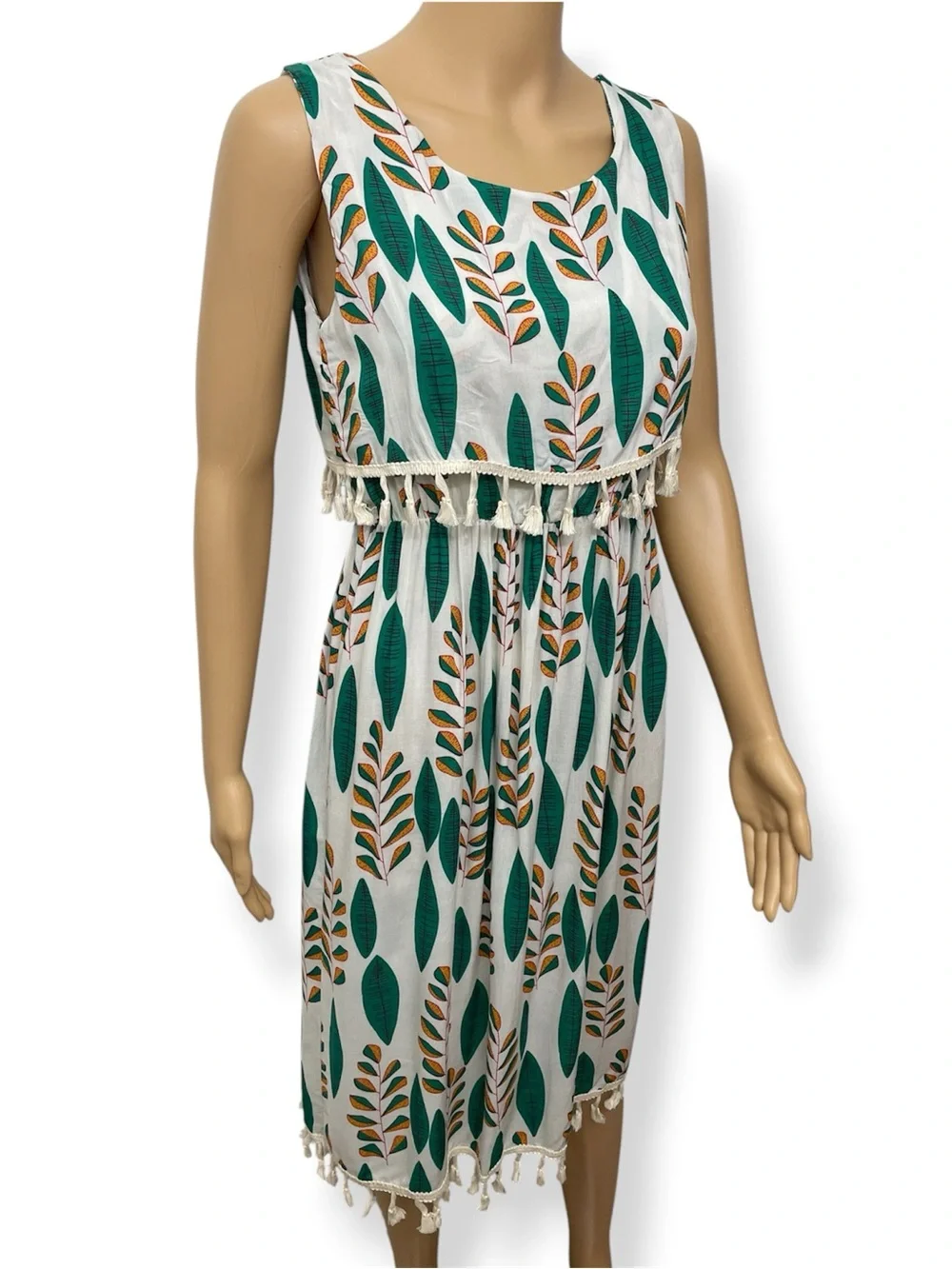 Cotton Sleeveless Leaf Print Tassel Hem Summer Mini Dress - White/Green size S - Picture 4 of 7